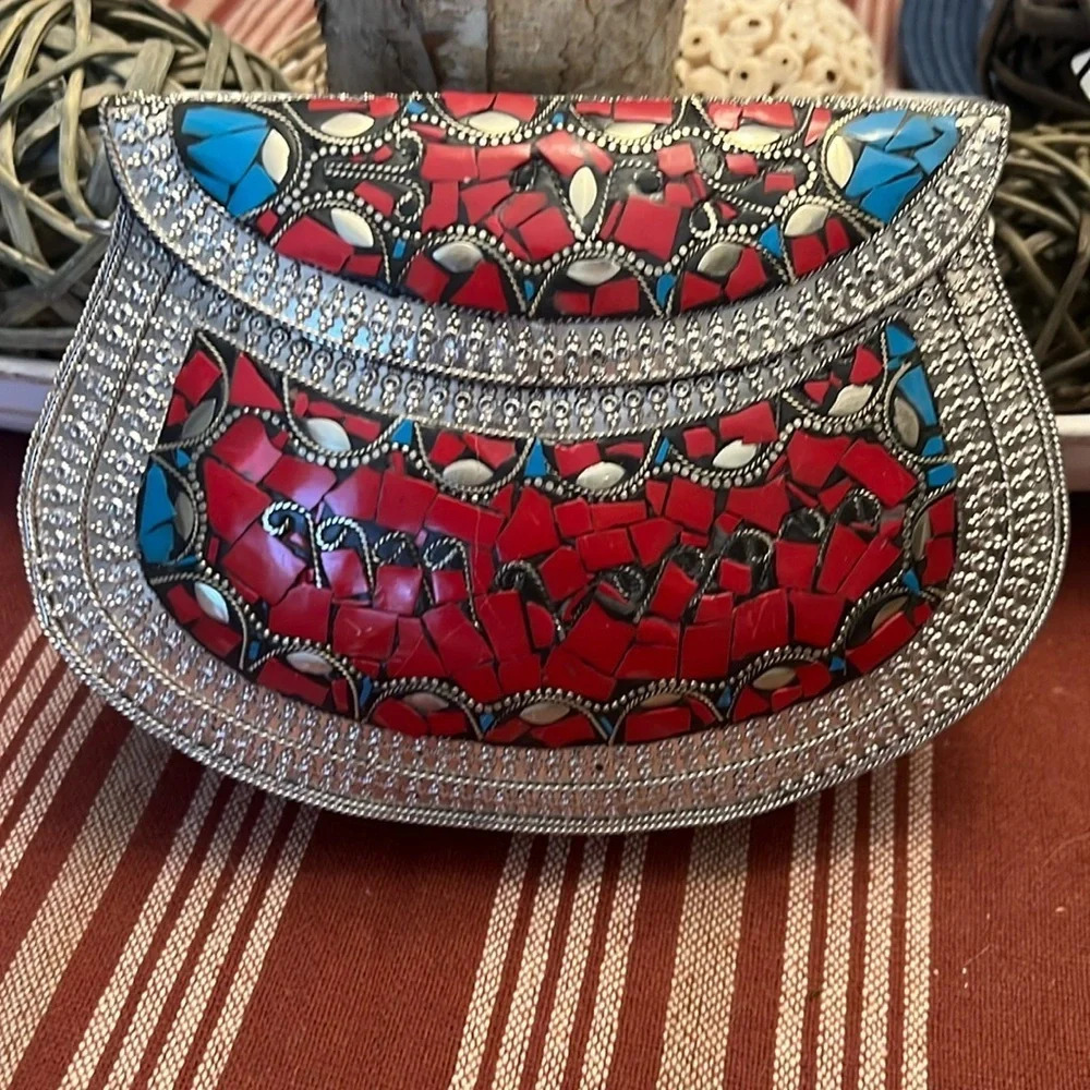 Ramla Handmade Metal Bag With Mosaic Stones - Red & Silver - New Unique
